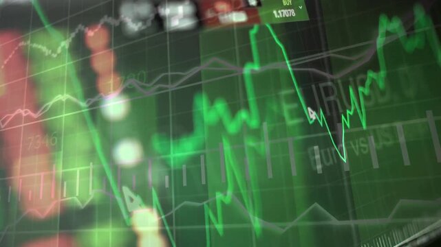 Close-up view of a digital stock market chart with green and red candlesticks and a mouse cursor, illustrating forex trading, investment, and analysis.