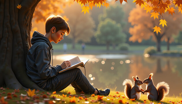 child reading a book while sitting under a tree surrounded by autumn leaves with squirrels nearby in a serene park setting, concept relaxation