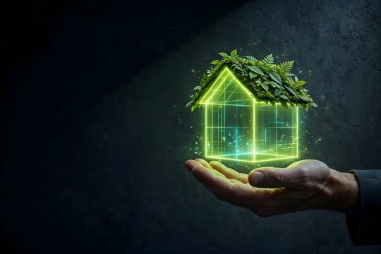 Hand holding glowing eco-friendly green house with leaf roof representing sustainable living and smart technology