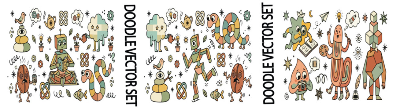 Doodle vector set of quirky hand drawn characters, whimsical cartoon monster collection, retro aesthetic mascot illustrations for creative branding