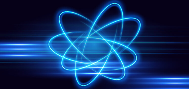 Futuristic glowing blue curve ray with square pattern on dark blue background.