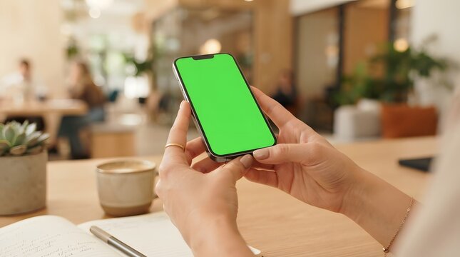 Woman Holding a Smartphone with a Blank Green Screen Mockup for Digital Interface Display and Mobile Application Design