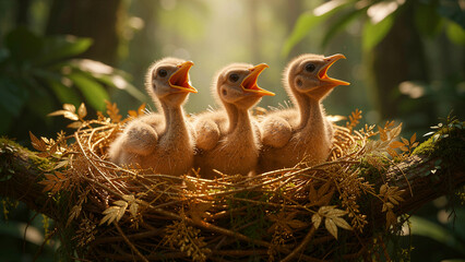 Obraz premium Three baby birds sitting in a nest with mouths wide open. Chicks chirping for food in a golden nest during sunrise. Nature nurture and growth concept for wildlife and environmental marketing.