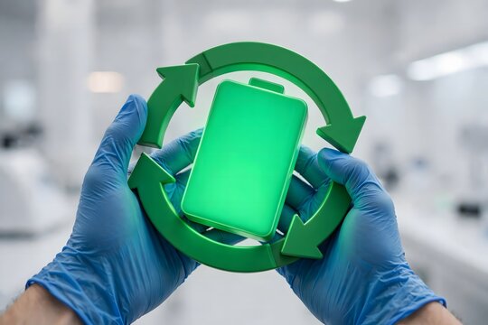 Sustainable power, circular economy Gloved hands holding a glowing green battery within a recycling symbol, signifying responsible technology and environmental innovation