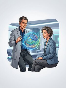 Medical professional explaining cell biology with a hologram display