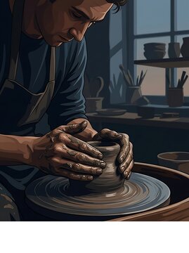 Skilled potter shaping wet clay on a spinning wheel in a studio