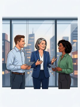 Diverse team of colleagues discussing work in a high rise office