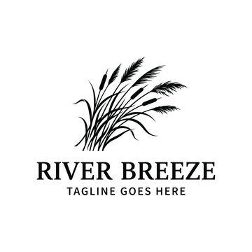 Minimalist Stalks reeds blowing wind for river breeze nature tranquility outdoor landscape logo design