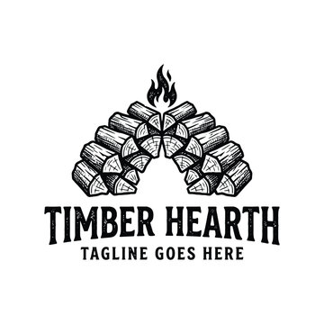 Stack firewood with burning flame for timber hearth rustic fireplace energy home heating logo design
