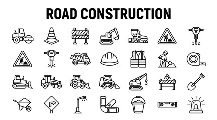 Road Construction Icon Set Featuring Heavy Machinery Equipment and Safety Signage in Linear Style © MSTSUFIA