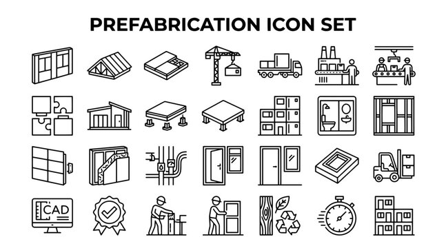 Collection of prefabrication icons showing modular construction elements in a clean outline style