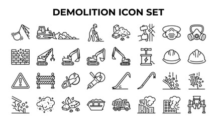 Collection of black and white demolition icon set featuring construction equipment and safety gear © MSTSUFIA