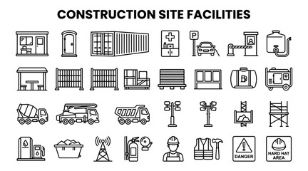 Set of Construction Site Facilities Icons Representing Infrastructure and Industrial Equipment Design © MSTSUFIA