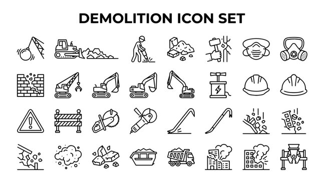 Collection of black and white demolition icon set featuring construction equipment and safety gear
