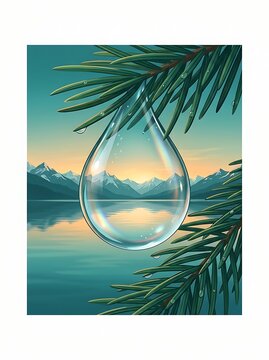 Water drop reflecting mountain landscape on pine needle branch