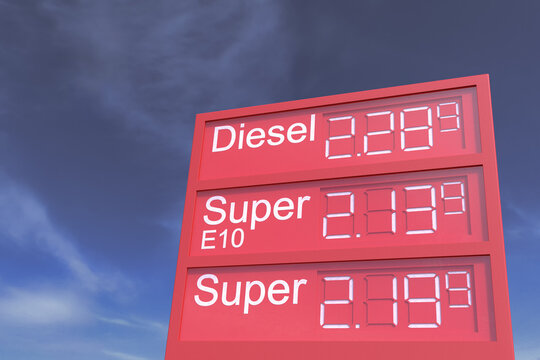 3d Illustation - Tankstellenanzeigetafel - Spritpreise - Teuer - Sprit - Benzin - Diesel