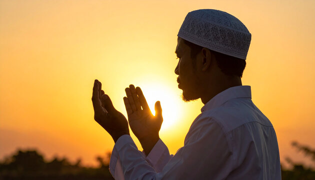 A man praying to God at sunset, hands raised in supplication and devotion during a religious ceremony