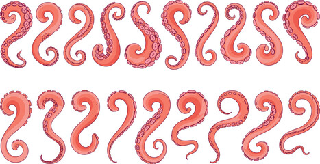 Red cartoon octopus tentacles and curly sea monster arms with suckers isolated set on white background vector illustration © tuzam
