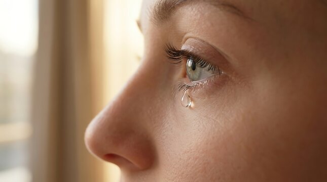 Close up profile of a woman crying with a tear on her cheek