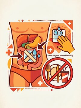 First aid for treating abdominal wounds with moist dressing