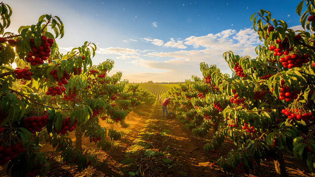 Worker picking ripe cherries in a sunny orchard. Large plantation rows laden with fruit at sunset. Agriculture and organic food concept for farming marketing.