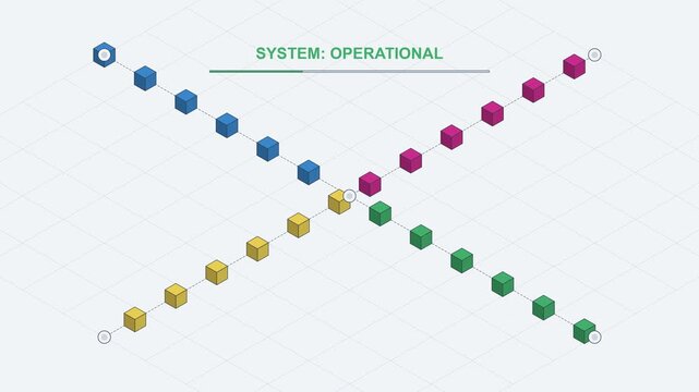 Isometric animation of data packets moving through a network