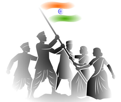 Indian Independence Day vector banner featuring grey gradient silhouettes of freedom fighters collectively hoisting the national tricolor flag on a mountain top isolated on a white background.
