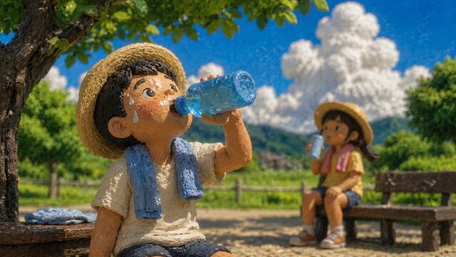 夏の公園で麦わら帽子をかぶり水分補給をする粘土アニメーションの男の子と女の子