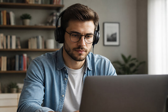 A young man wearing headphones is looking intently at a laptop in an indoor setting.