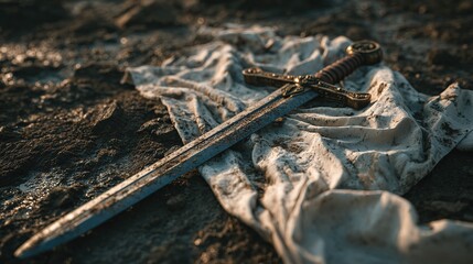 Fototapeta premium victorious. A broken sword in mud next to a pristine sword on clean cloth. wellbeing guides, coaching materials, designed for coaching and self-improvement content, encourages positive mindset.