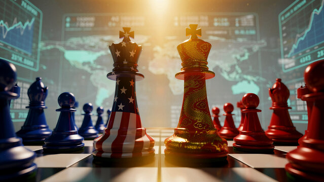 American and Chinese themed chess kings face each other on a game board. Digital stock market charts and a world map appear in the background. Represents global geopolitical strategy and competition.