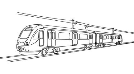 Modern Electric Train on Tracks, Continuous Line Art Drawing © Bagus