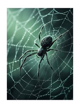 Close up of a spider on a web with morning dew droplets