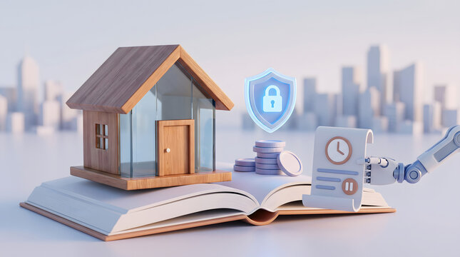 3D illustration of modern house model on open book next to secure lock shield hologram and robotic arm holding timeline document real estate tech and mortgage regulation concept