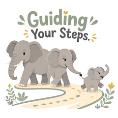 Naklejka premium Elephant Family Guiding Baby Vector Story Illustration Print