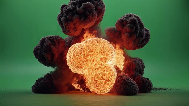 Massive explosion with fiery fireball and dense black smoke clouds, cinematic slow-motion detonation on green screen, dynamic destruction effect, symbolizing chaos, power, and dramatic impact