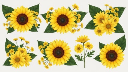 Fototapeta premium Pattern of yellow sunflowers and leaves on white background.