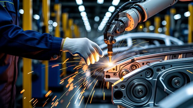 Blue robotic arm with digital network overlay artificial intelligence automation smart manufacturing industry 40 futuristic technology machine learning precision engineering high