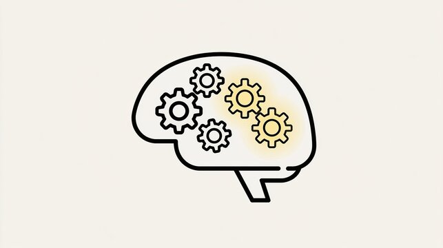 cogs. Minimalist line art of a brain with a section of cogs replaced by softly glowing cogs. wellbeing guides, coaching materials, designed for coaching and self-improvement content.