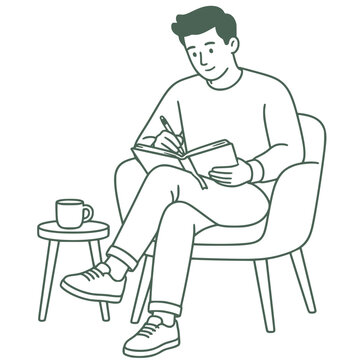 Man journaling in armchair, mental health self-care vector illustration, line art