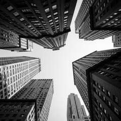 Fototapeta premium Black and white aerial view of tall city skyscrapers.