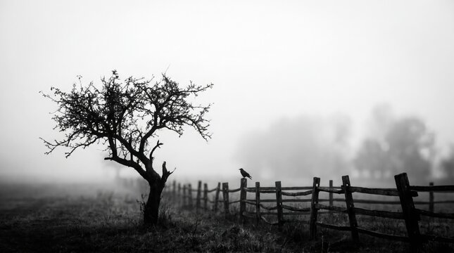 A leafless tree stands beside a rustic wooden fence on a foggy day in a rural landscape.