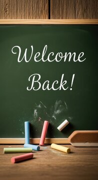 Chalkboard with Welcome Back Message and Colorful Chalk.