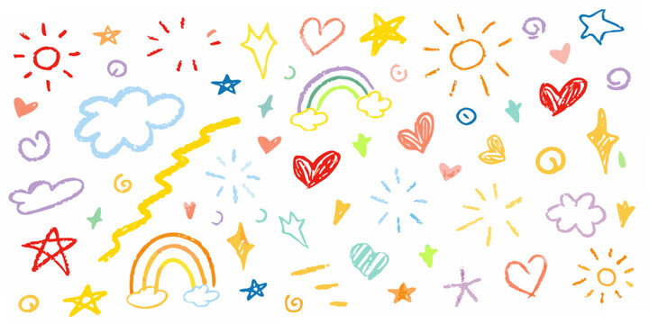 Colorful crayon drawing pattern with stars hearts rainbows and suns