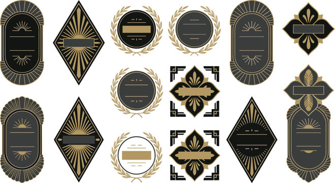 Vintage art deco label design vector set with luxury gold borders frames and heraldic sunburst ornaments.