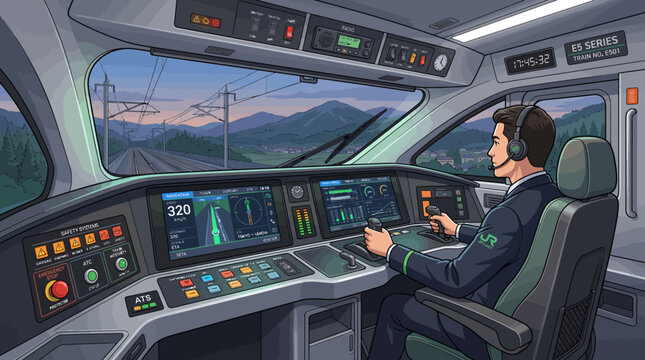 Train driver operating modern high speed train in the cockpit.