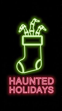 Spooky Christmas Neon Sign Featuring A Creepy Skeletal Hand In A Festive Stocking With Haunted Holidays Text Overlay