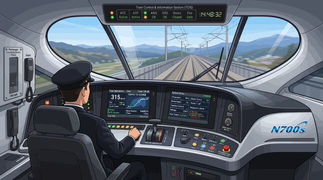 Train driver operating high-speed train from the cockpit with digital displays and scenic view.