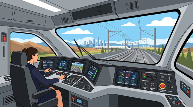 Train driver operating modern locomotive from the cockpit view.