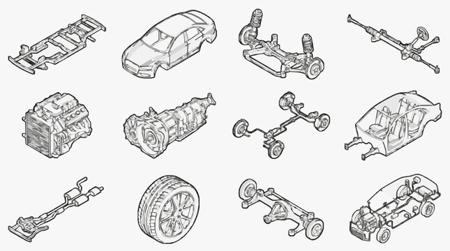 Corporate Set of Monochrome Vehicle Components and Assemblies for Automotive Manuals Presentations or Reports